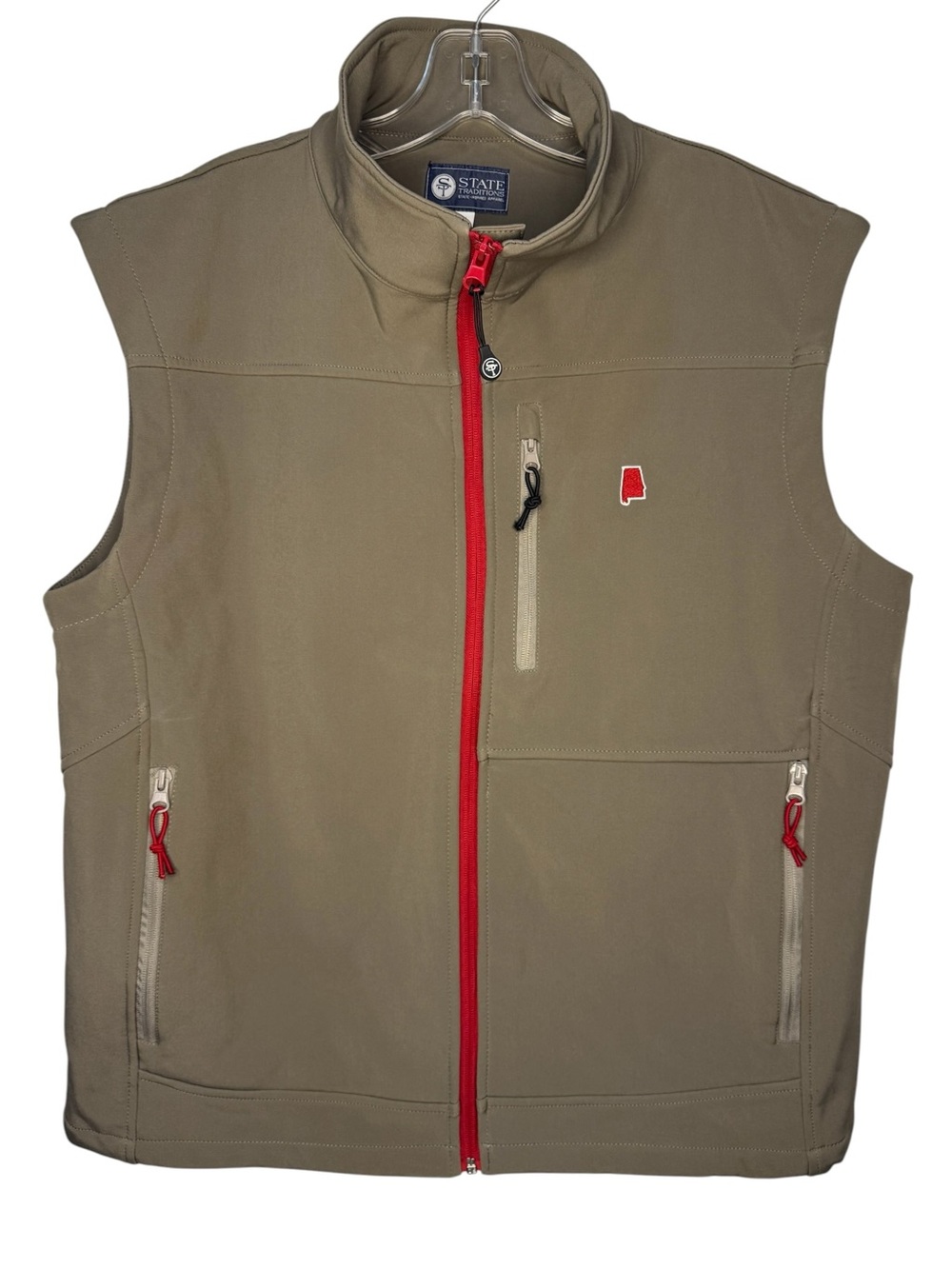 State Traditions Men's Soft Shell Full Zip Vest Tan with Red Trim Alabama XLarge